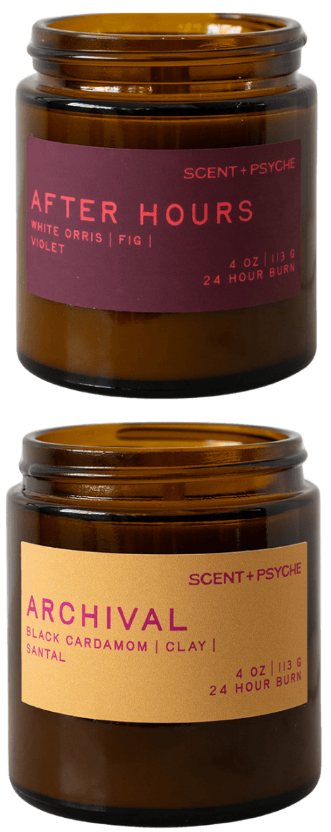 Two amber glass jar candles from Scent + Psyde, stacked vertically on a white background. The top candle has a dark purple label reading 'AFTER HOURS' and the bottom candle has a tan label reading 'ARCHIVAL'.
