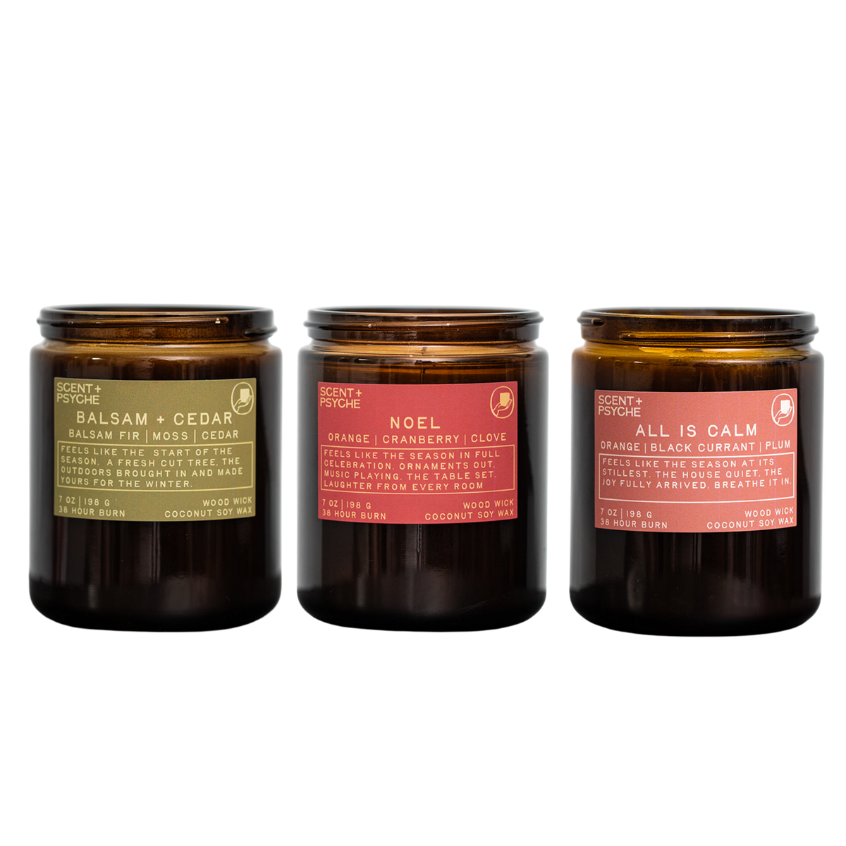 Holiday Signature candle gift set: Balsam + Cedar, Noel and All is Calm 7 oz Scent + Psyche wood wick candles in amber jars