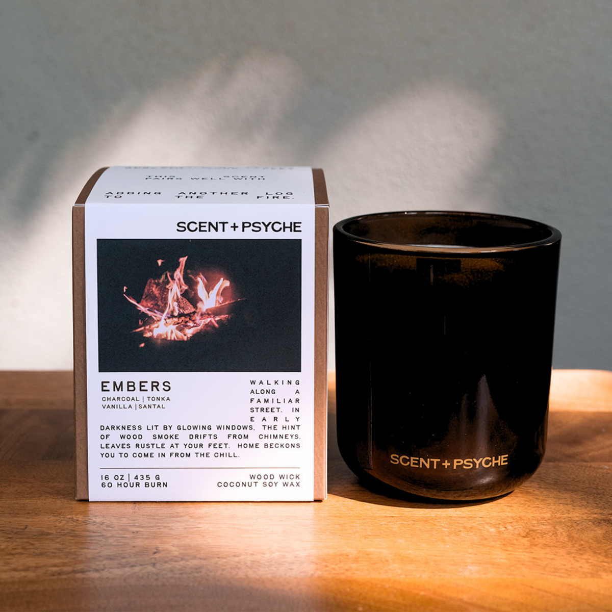 Statement Size Embers Wood wick candle - wood smoke, campfire, bonfire soy candle with charcoal tonka sandalwood and vanilla - Scent and Psyche