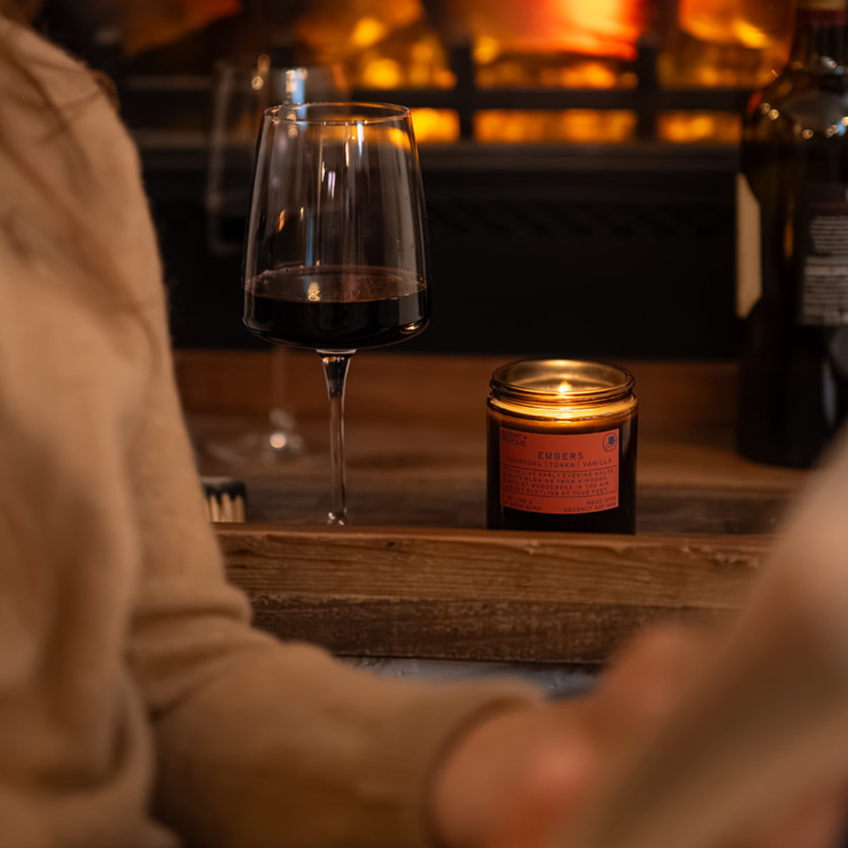 lifestyle2 Signature Size Embers Wood wick candle - wood smoke, campfire, bonfire soy candle with charcoal tonka sandalwood and vanilla - Scent and Psyche