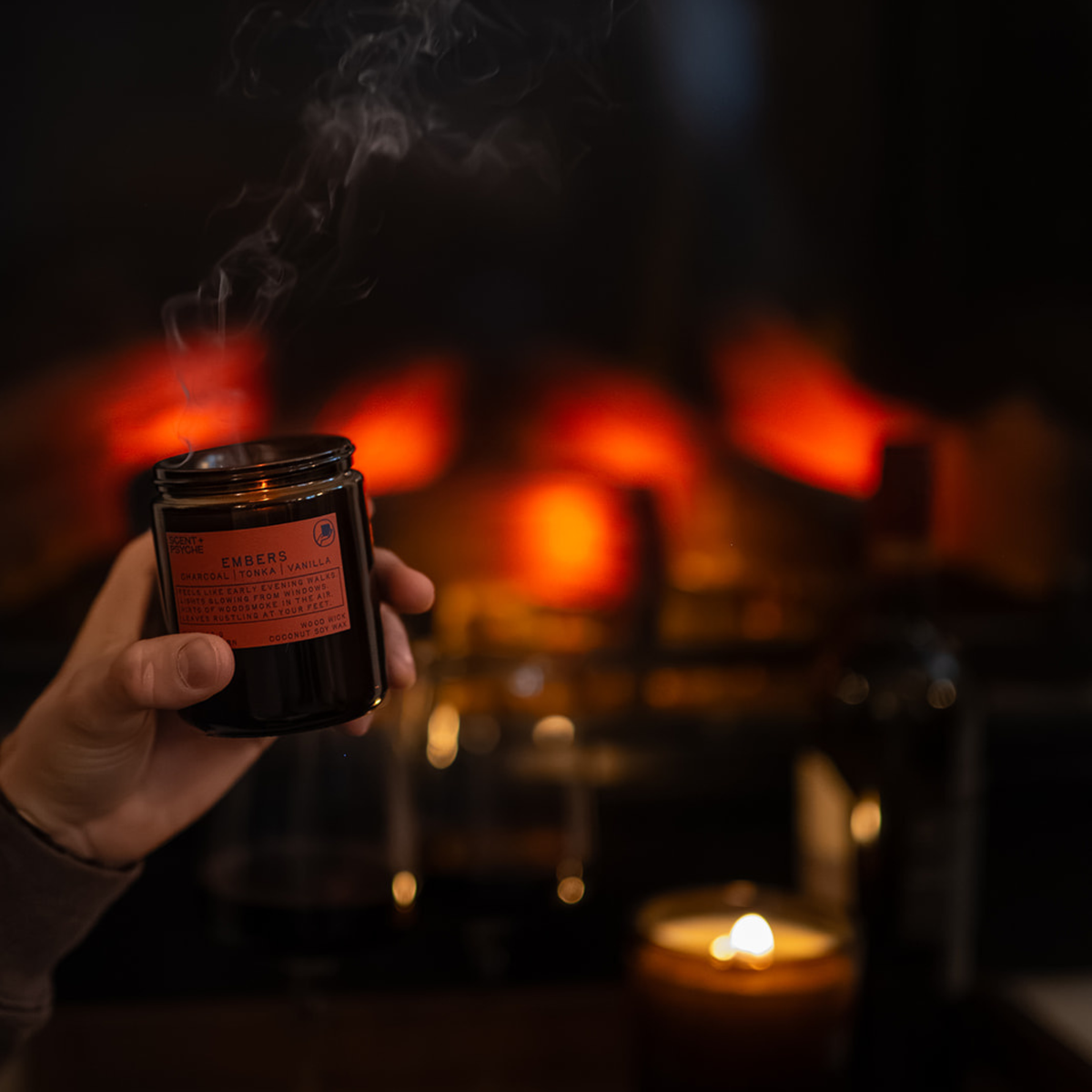 lifestyle 3 Signature Size Embers Wood wick candle - wood smoke, campfire, bonfire soy candle with charcoal tonka sandalwood and vanilla - Scent and Psyche