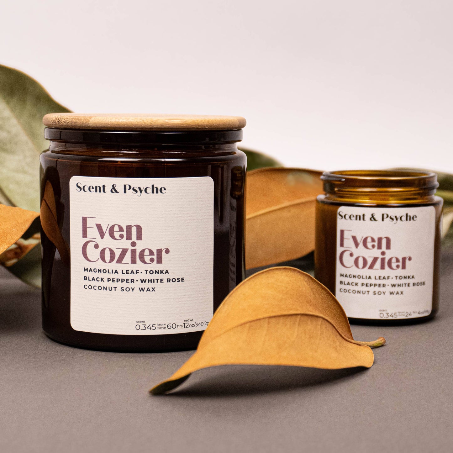 Scented Candle 12oz - Even Cozier Wood Wick Candle in amber jar with natural wood lid, featuring clean-burning coconut soy wax