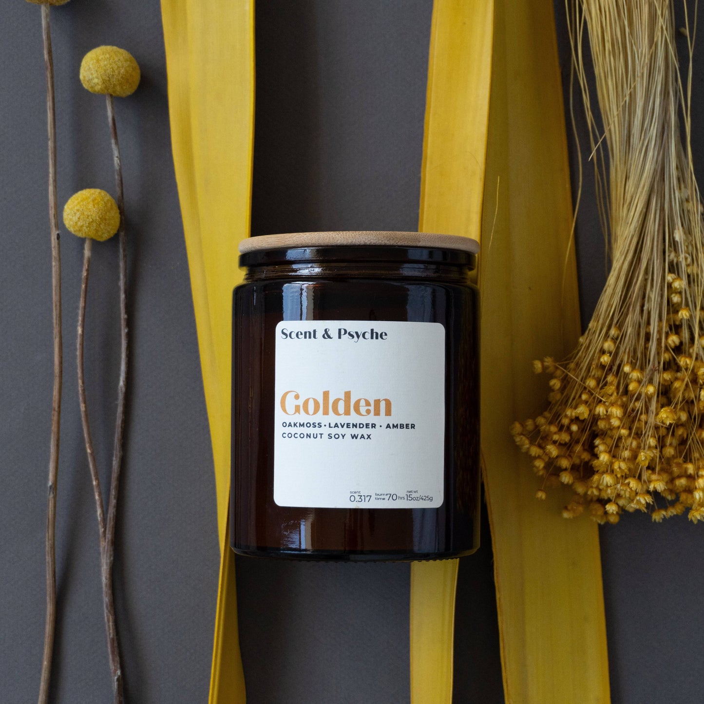 Golden Scented Candle - 15oz in an amber glass jar  with bamboo wood lid