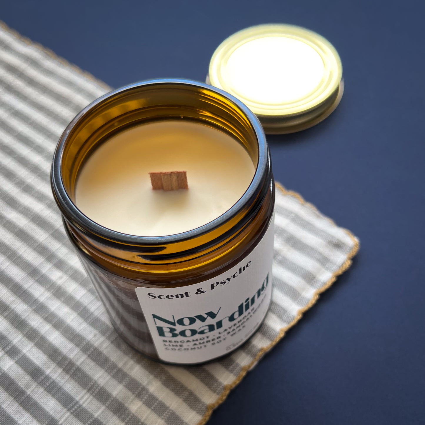 top view 2 Scented Candle 7oz - Now Boarding Wood Wick Candle | Bergamot, Lavender