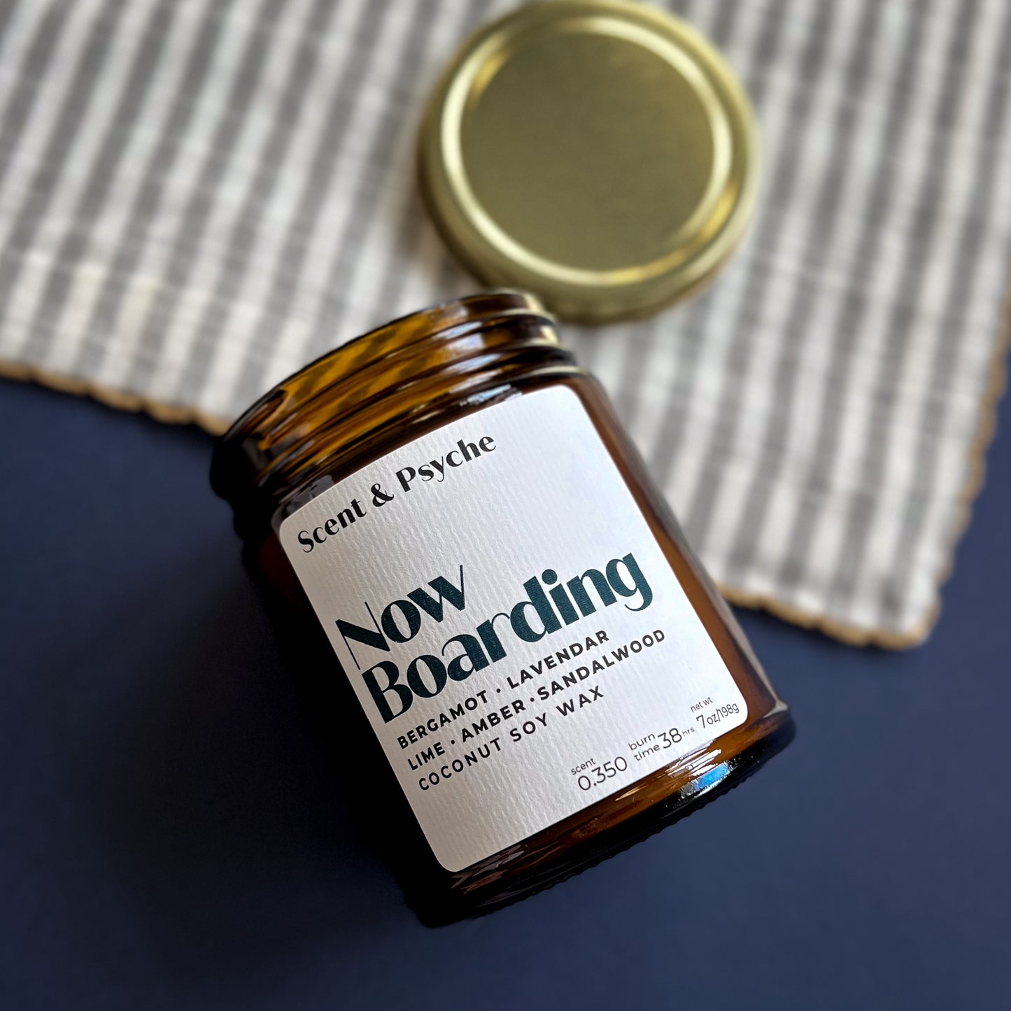 flat lay Scented Candle 7oz - Now Boarding Wood Wick Candle | Bergamot, Lavender