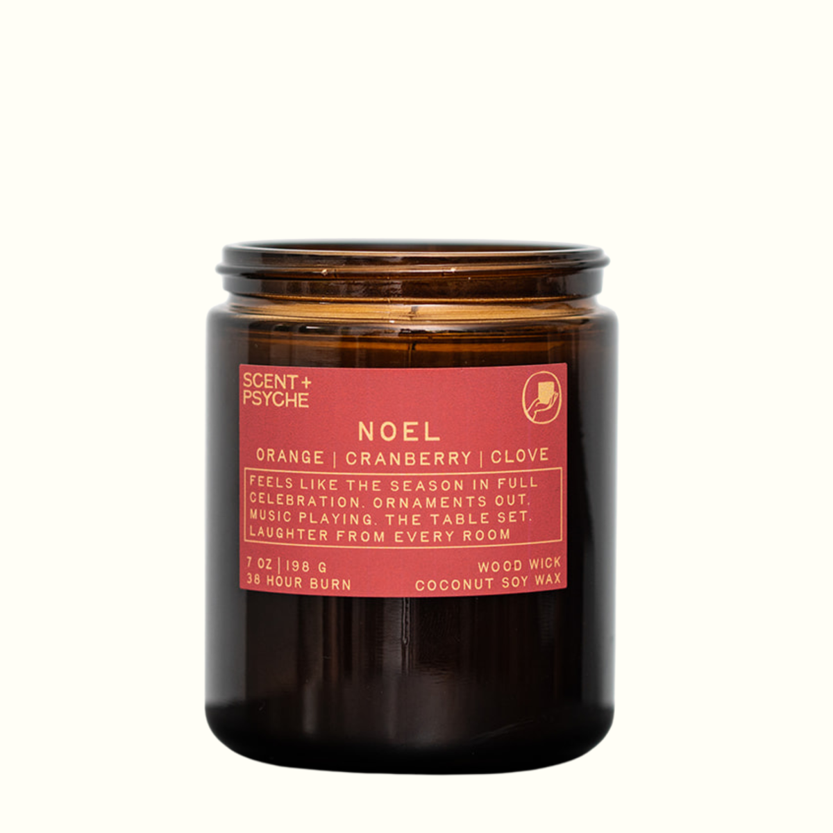 Noel 7 oz wood wick candle by Scent + Psyche in an amber glass jar with a red label