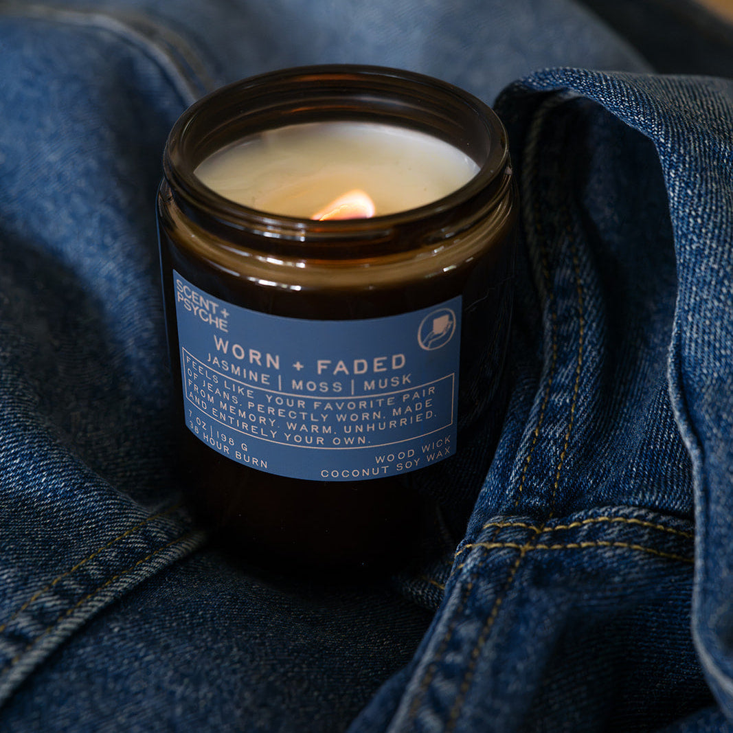 Worn and Faded amber candle on denim, soft jasmine moss musk soy candle — Scent & Psyche