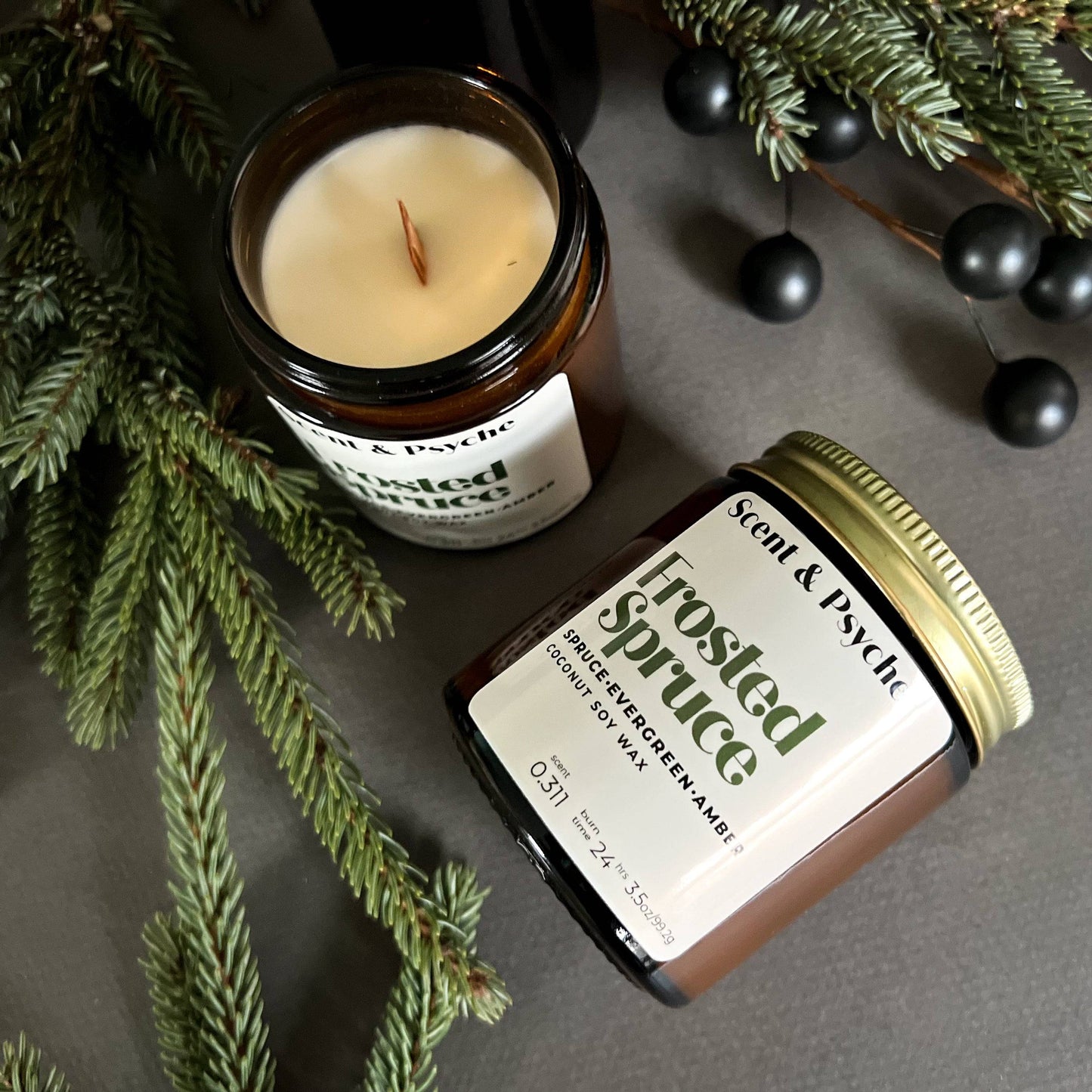 Frosted Spruce is a holiday scented candle with notes of spruce, moss, and cedar, capturing the fresh scent of a Christmas tree with a rich, woodsy finish.