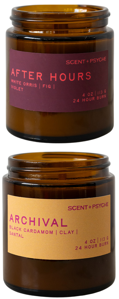 Two amber glass jar candles from Scent + Psyde, stacked vertically on a white background. The top candle has a dark purple label reading 'AFTER HOURS' and the bottom candle has a tan label reading 'ARCHIVAL'.
