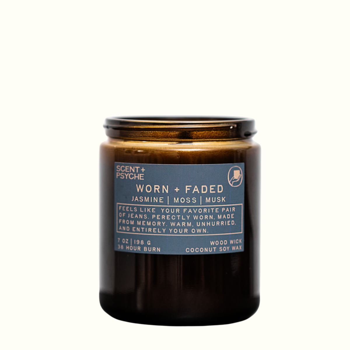 Worn and Faded hand-poured soy candle, pear jasmine moss amber musk — Scent & Psyche