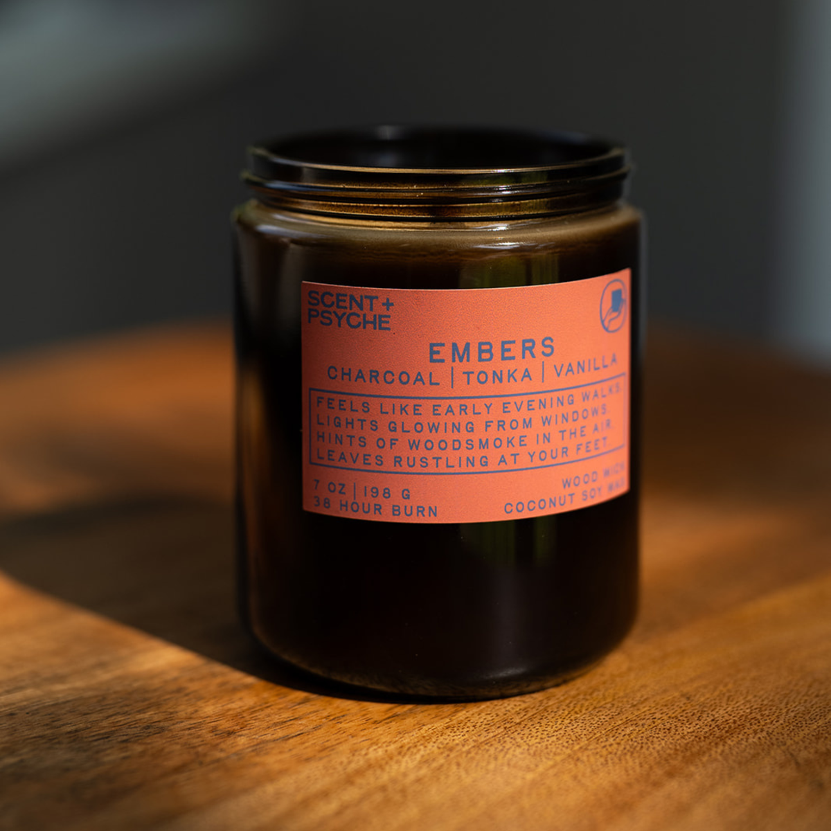 Signature Size Embers Wood wick candle - wood smoke, campfire, bonfire soy candle with charcoal tonka sandalwood and vanilla - Scent and Psyche
