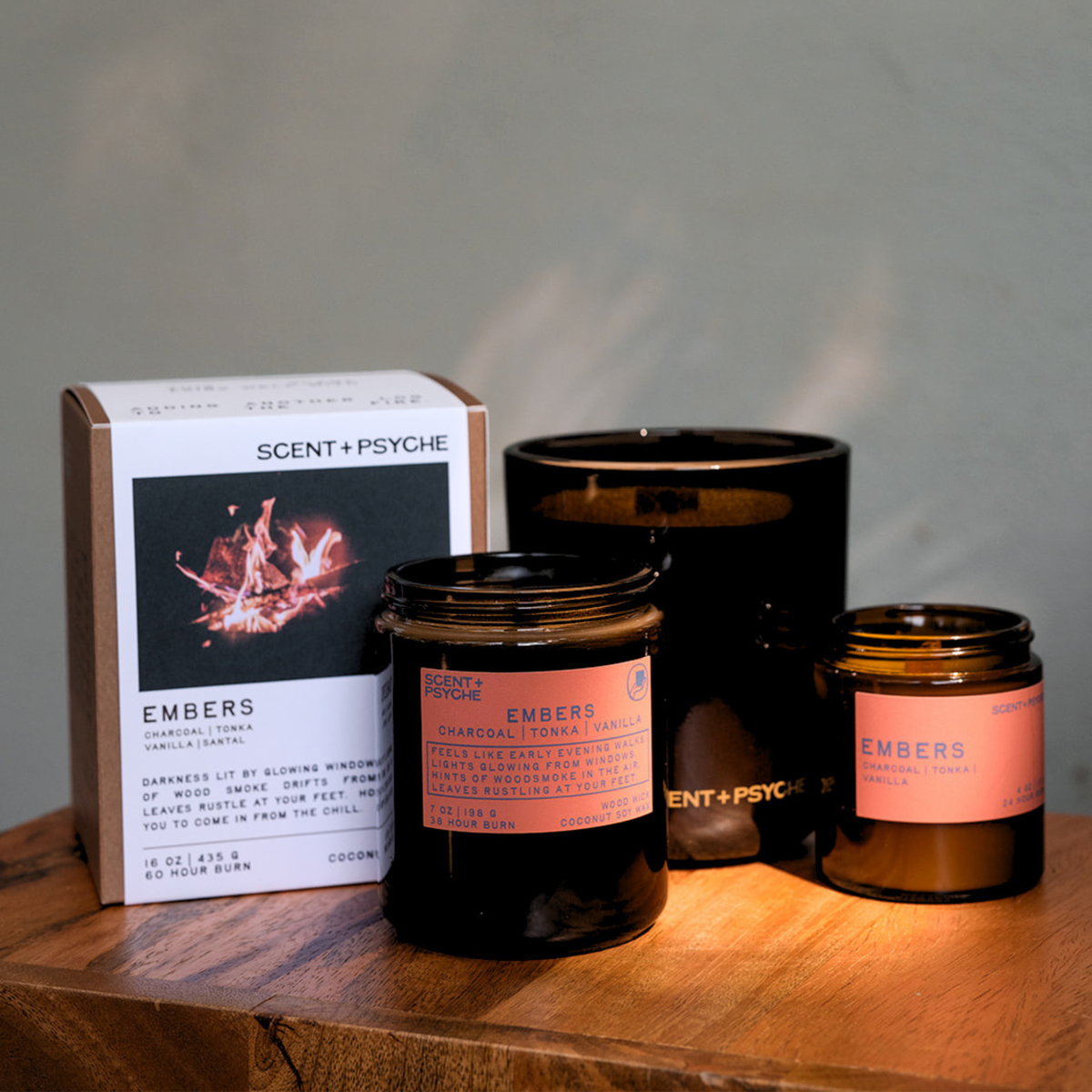 Collection photo Embers Wood wick candle - wood smoke, campfire, bonfire soy candle with charcoal tonka sandalwood and vanilla - Scent and Psyche