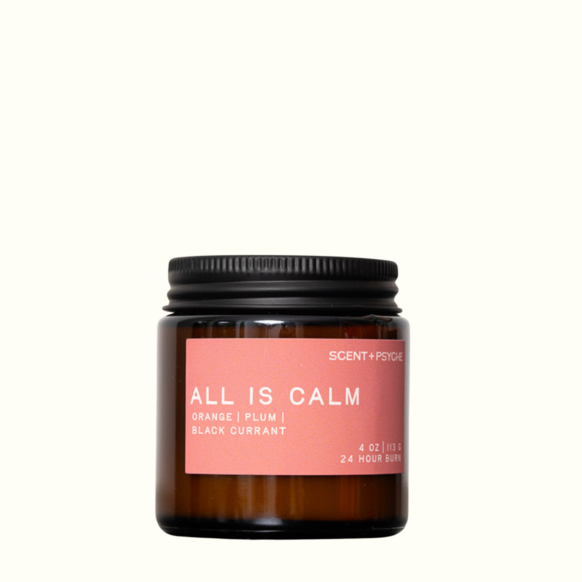 All is Calm 4 oz wood wick candle by Scent + Psyche, orange, plum and black currant, in an amber glass jar