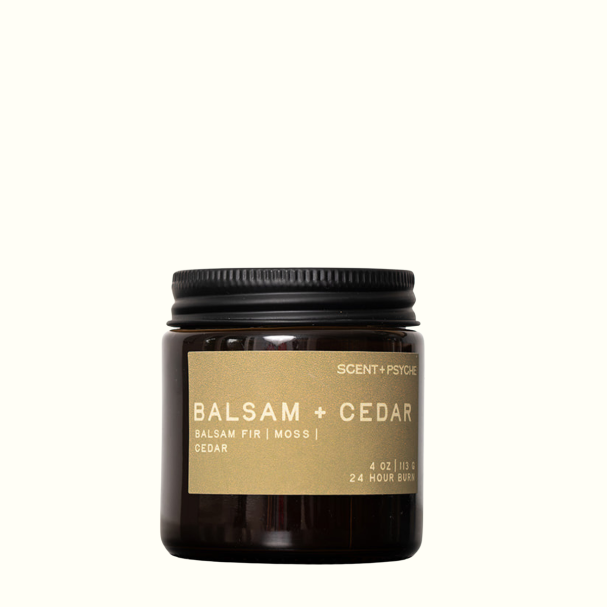 Balsam + Cedar 4 oz wood wick candle by Scent + Psyche, balsam fir, moss and cedar, in an amber glass jar