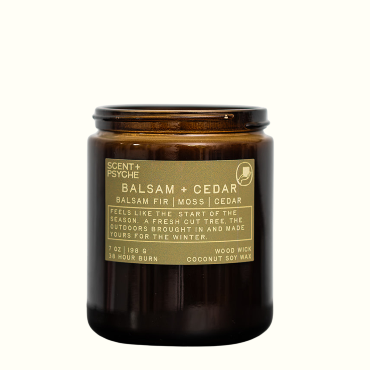 Balsam + Cedar 7 oz wood wick candle by Scent + Psyche in an amber glass jar