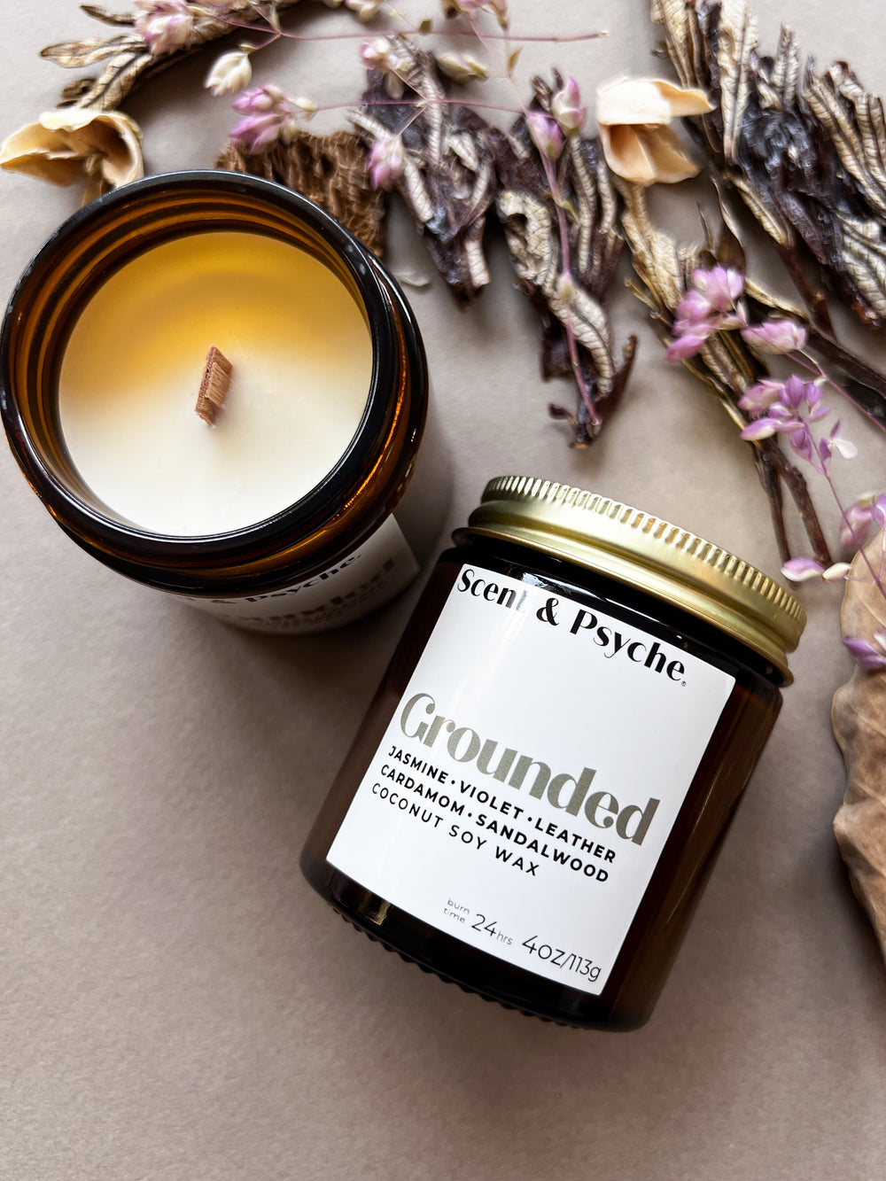 Grounded Wood Wick Scented Candle   - 4oz Amber Jar