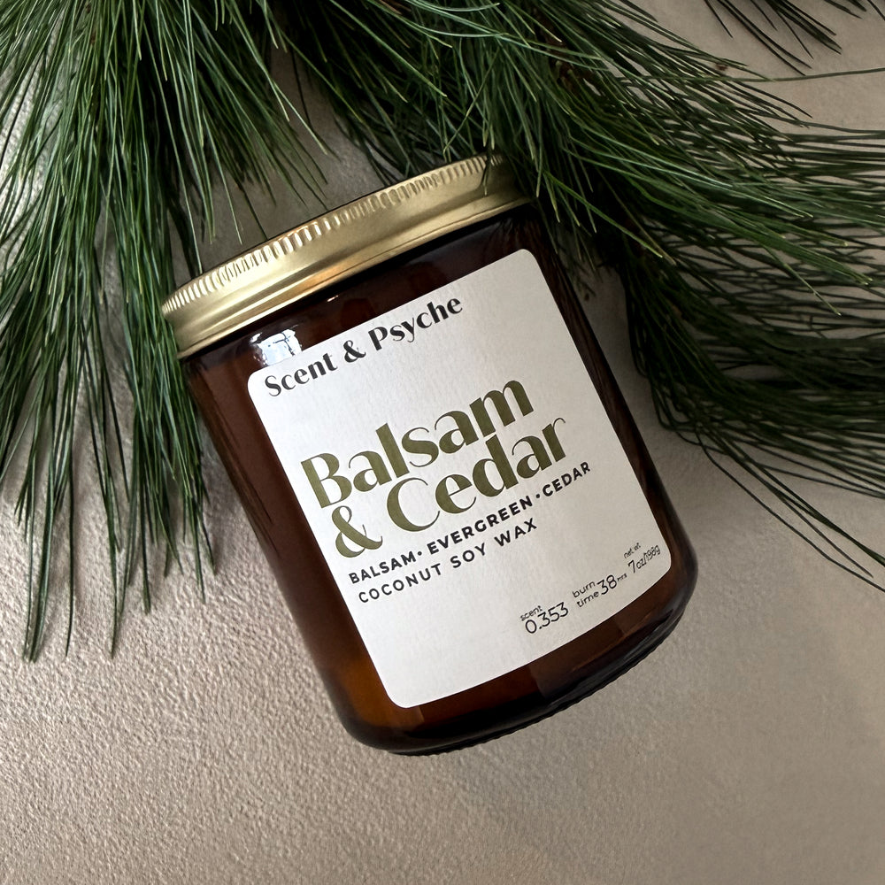Balsam & Cedar Wood Wick Scented Candle  - 7oz Amber Jar