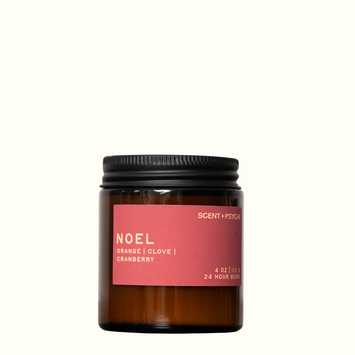 Noel 4 oz wood wick candle by Scent + Psyche, orange, clove and cranberry, in an amber glass jar