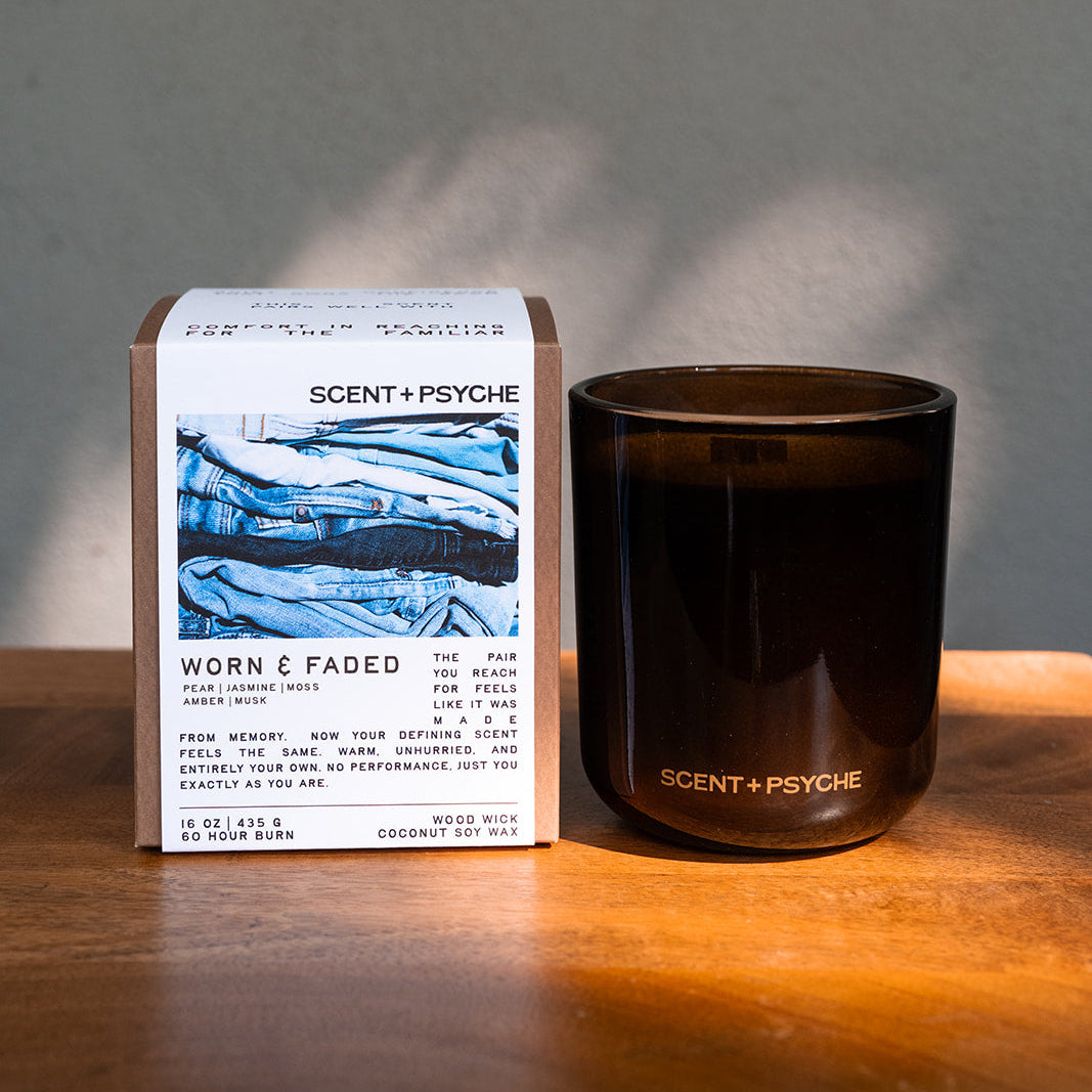 statement size Worn and Faded hand-poured soy candle, pear jasmine moss amber musk — Scent & Psyche