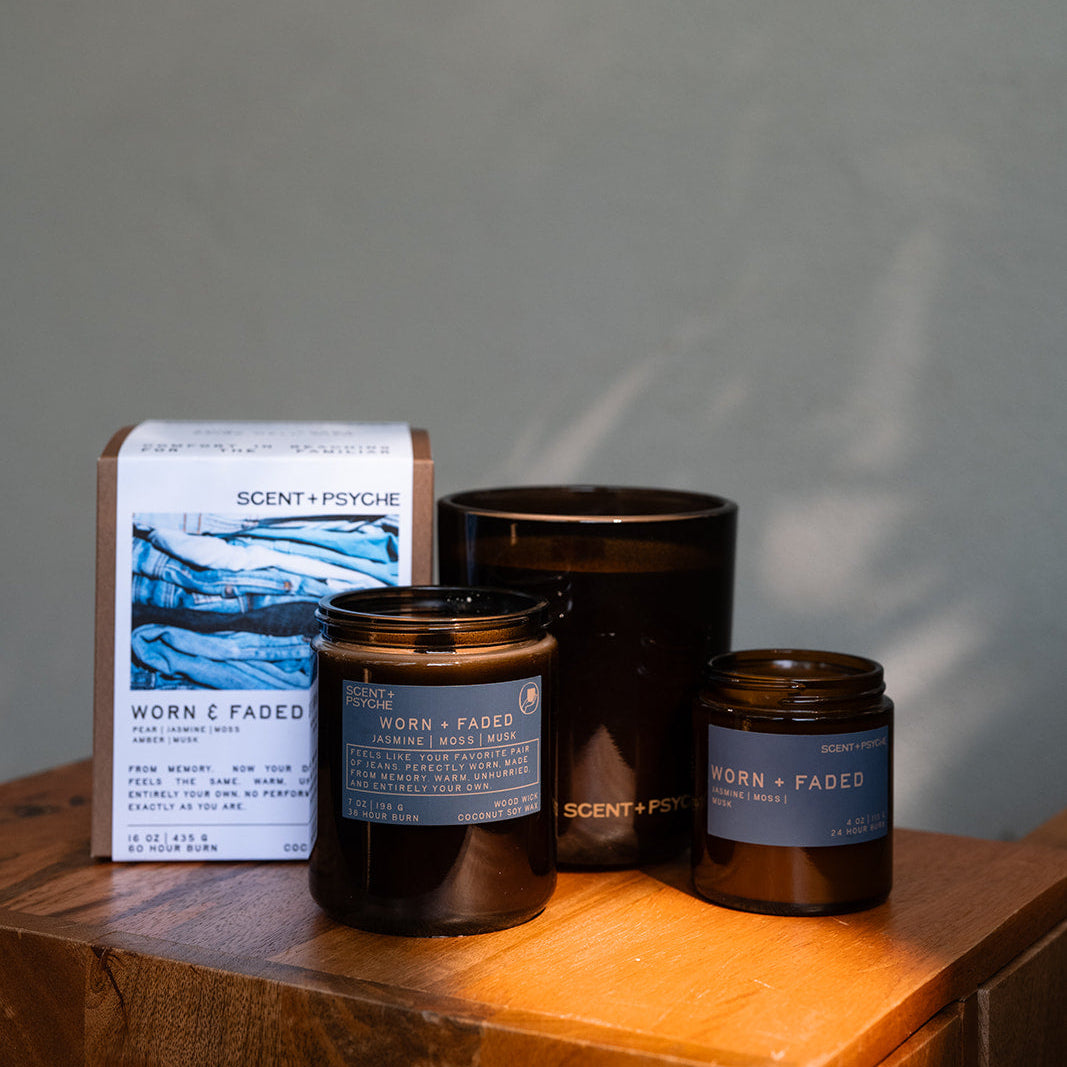 Collection Worn and Faded hand-poured soy candle, pear jasmine moss amber musk — Scent & Psyche