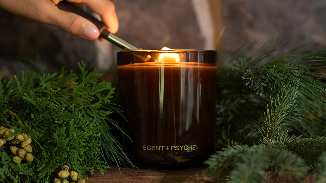 Lighting a Balsam + Cedar candle with a match among evergreen branches