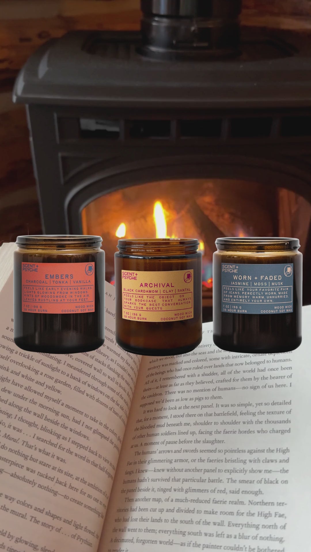 Video of the Scent + Psyche Warm + Cozy Signature candle gift set: Embers, Archival and Worn + Faded