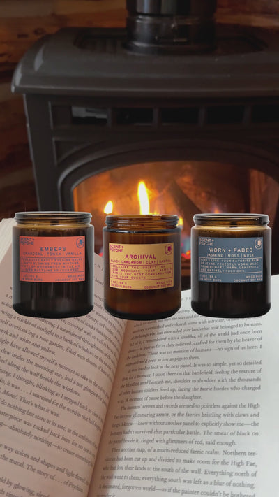 Video of the Scent + Psyche Warm + Cozy Signature candle gift set: Embers, Archival and Worn + Faded