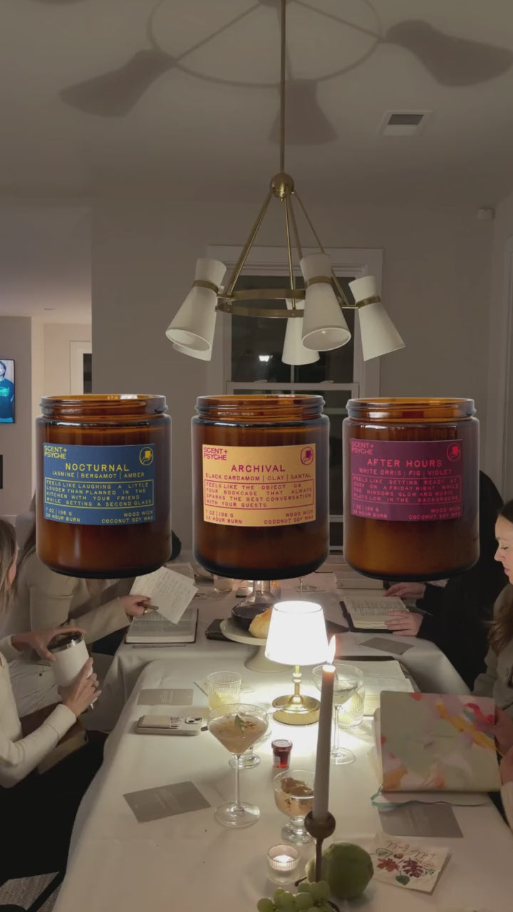 Video of the Scent + Psyche Warm + Floral Signature candle gift set: Nocturnal, After Hours and Archival