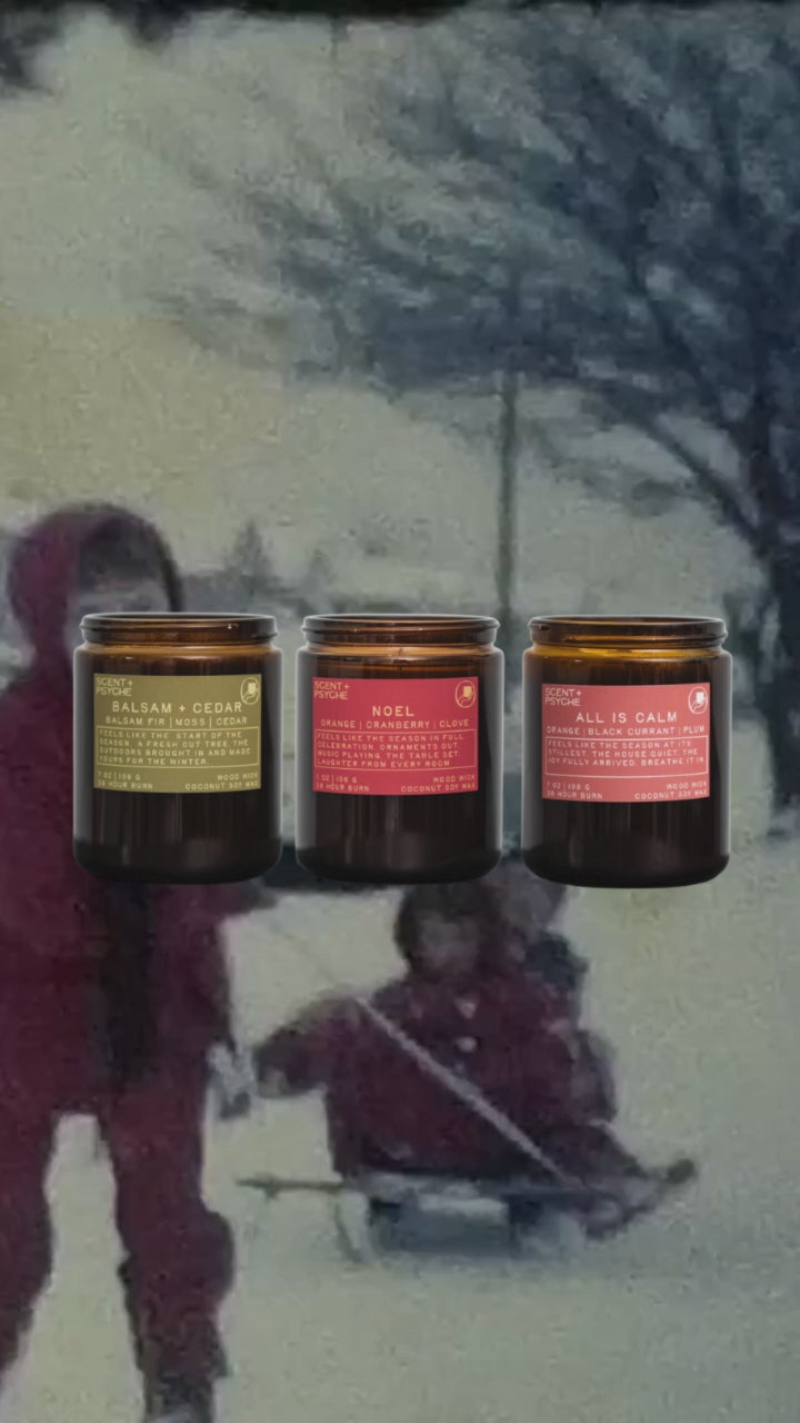 Video of the Scent + Psyche Holiday Signature candle gift set: Balsam + Cedar, Noel and All is Calm