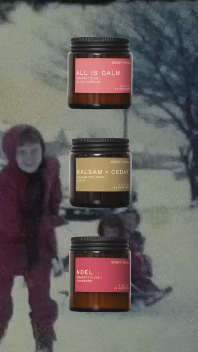 Video of the Scent + Psyche Holiday Discovery candle gift set: Balsam + Cedar, Noel and All is Calm