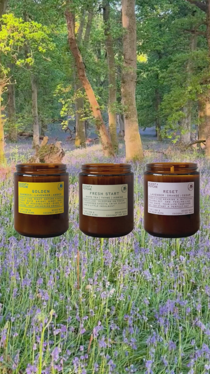 Video of the Scent + Psyche Energizing + Fresh Signature candle gift set: Golden, Fresh Start and Reset