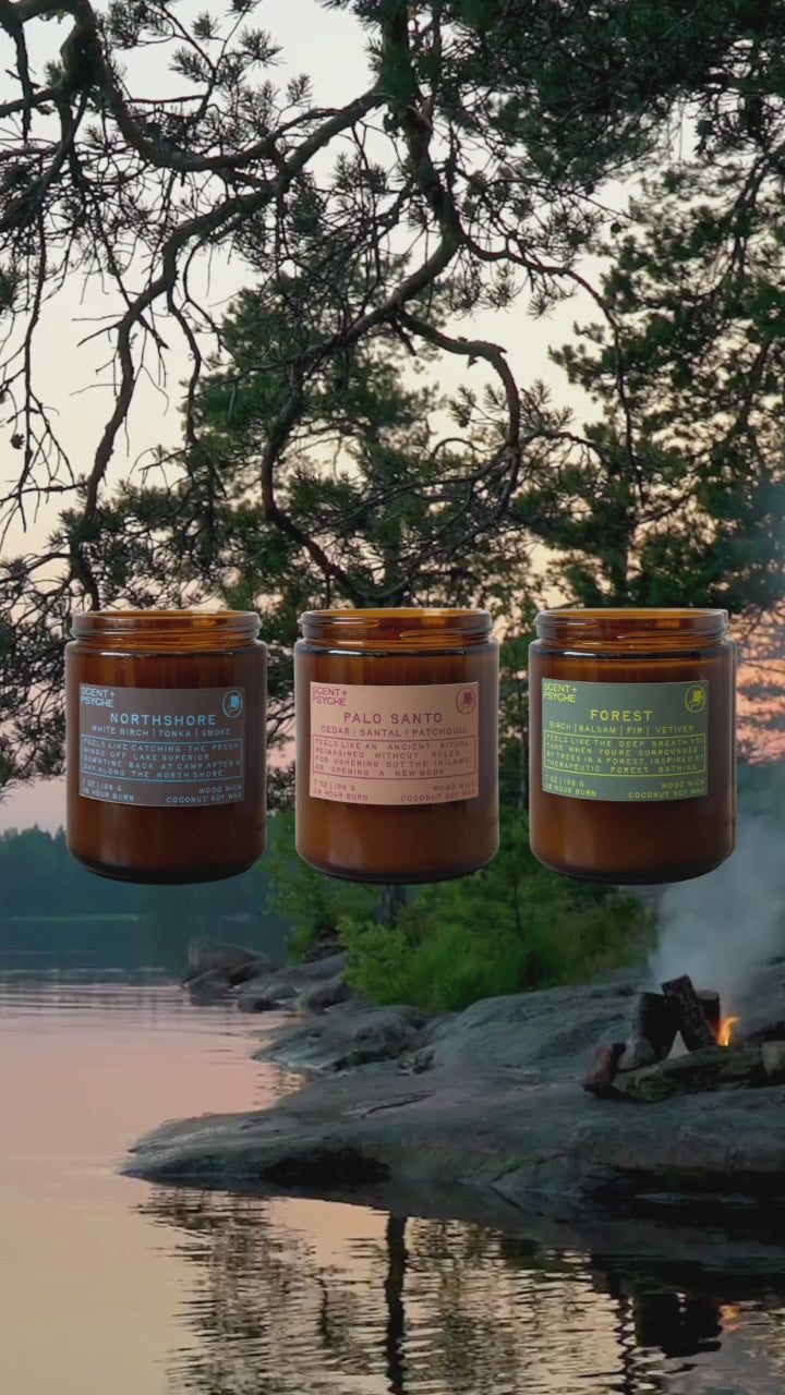 Video of the Scent + Psyche Grounded + Earthy Signature candle gift set: Forest, Palo Santo and Northshore